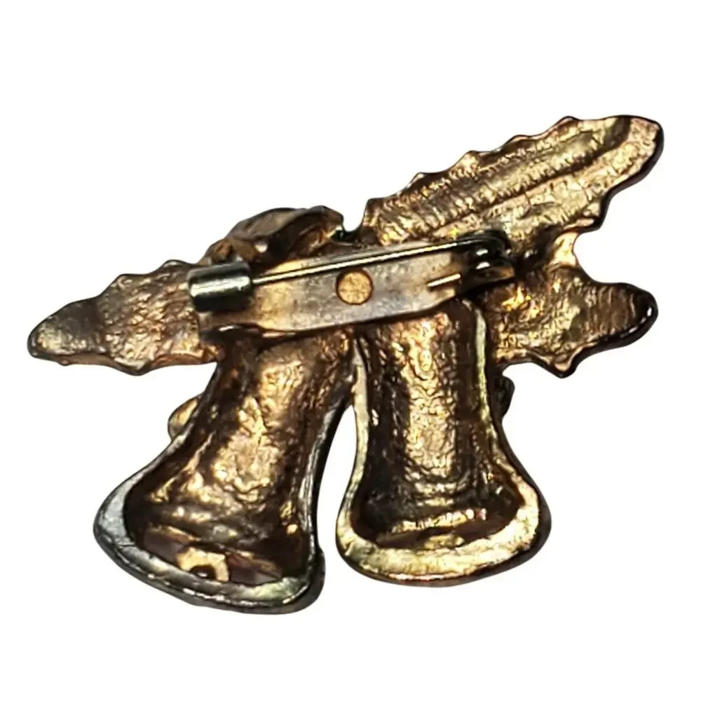 Enamel Holly Double Bells Bow Vtg Unsigned Gold Tone Brooch Pin 1